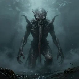 cthulhu emerging from the ocean, thalassophobia, matte painting, unsettling, misty, by rozalski and stanton kenton, artstation