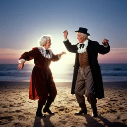 a couple of grandparents of 1 0 0 years old wearing cursed costumes and dancing on a beach, extreme long shot, kodachrome, backlight, add a glow around subj. edge, in twin peaks, studio light, 1 9 9 0 s