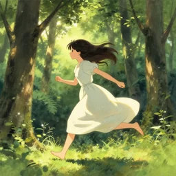 a woman in a long dress running in forest, god light, by asher brown durand, by yoshitaka amano