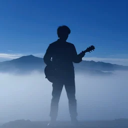 A silhouette figure of a man with a guitar heavy mist, clouds that look like mountains deep blue dark, bright sunshine sun, deep focus, D&D, fantasy, intricate, elegant, highly detailed, digital painting, artstation, concept art, matte, sharp focus, illustration, hearthstone, art by Artgerm and Greg Rutkowski and Alphonse Mucha