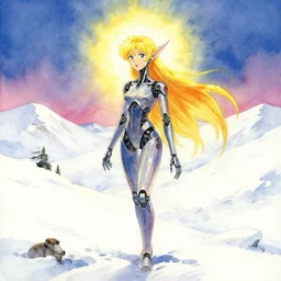 cyborg faerie princess at the snowy hills. watercolor by moebius, clamp and arina tanemura, backlighting, vibrant palette.