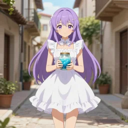 full body mature waifu with lavender hair white ruffly dress, holding jarred ocean. spanish ghibli alleyway. symmetrical face. symmetrical detailed defined eyes. isekai background style.