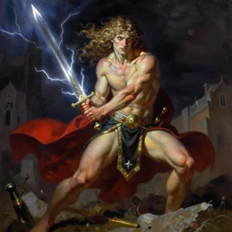 a detailed and vibrant portrait painting inspired by beksinski and frank frazetta of a powerful paladin wearing little clothes and holding a sword shooting lightning