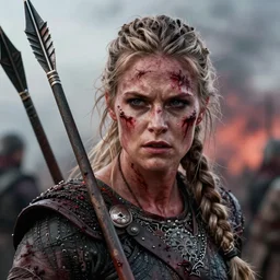Ultrawide realistic photo of a bloody fierce viking woman, injured by an arrow, battle-scarred mind-blowing details, highly detailed face, ethereal,, ominous, scarred, highly detailed, viking attire, cinematic, 16k, 1080s,  smooth, sharp focus, by Stanley Artgermm, WLOP, trending on DeviantArt, trending on ArtStation, full of color, digital art, Smooth gradients, depth of field, shot on Canon Camera