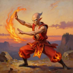 [ squidward ] wearing fire nation clothing and practicing firebending outside at susnset, oil painting, highly [ detailed ], intricate, hd, sharp focus, photorealistic, by moebius and greg rutkowski, trending on artstation, trending on cgsociety, realistic shading and lighting
