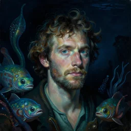 an underwater close - up renaissance portrait of a fisherman surrounded by alien sea life. deep blue and green tones. night time. gloomy dark black background. highly detailed fantasy science fiction portrait painting by norman rockwell, moebius, frank frazetta, and syd mead. rich colors, high contrast. artstation