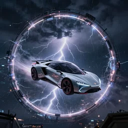 futuristic flying car in a night sky thunderstorm, emerging from a circular portal made of lightning, 8k 28mm cinematic photo