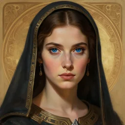 portrait of saint alia atreides of the knife, her eyes are dark blue, blue eyes of the ibad, dune, science fiction, frank herbert, intricate, elegant, highly detailed, digital painting, artstation, concept art, sharp focus, illustration, art by artgerm and greg rutkowski and alphonse mucha