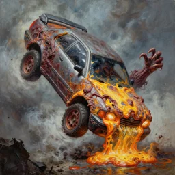 oil painting of molten macerated vehicle, dropped from sky raveged and grotesquesly clawed horror book jacket illustration baked 6 0 0 f by boris vallejo, geof darrow
