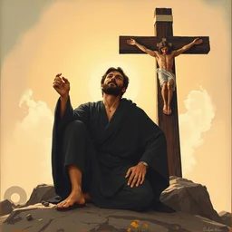 by dean ellis, will barnet, jack gaughan beautiful graphic full body portrait, a man kneeling at the base of the christian cross, poster art 1 9 7 0 s illustrated advertising art, painterly character design
