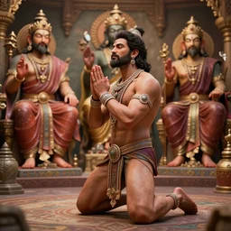A man dressed only in bottom half and wearing detailed jewellery, kneeling before gods asking for his wishes to be fulfilled, ultra photo realistic, unreal engine, 3D render, 8K UHD