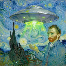 bright beautiful oil painting of flying saucer abducting van gogh from arles france with a glowing green light, light scatter, van gogh