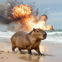 a photograph of a capybara storming the beaches of normandy, 1 9 4 4 colorized, dramatic scene, explosions all around
