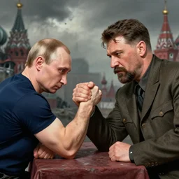 picture of ( ( arm wrestling between young vladimit putin and old iosif stalin ) ) in apocalyptic russia, hyperrealistic, digital concept art,, caricature illustration, art by gaston bussiere