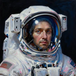 a neoclassicist portrait of a space astronaut with face. reflective spacesuit and helmet. reflective detailed textures. deep blue and pink tones. gloomy dark black background. highly detailed fantasy science fiction portrait painting by mikhail vrubel and chris cunningham. rich colors, high contrast.