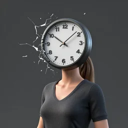 3 d render of woman with a clock head fracturing through time rendered in unreal engine 3