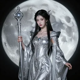 photograph of a real-life beautiful lunar witch with ornate silver robes and staff.  Extremely detailed. 8k