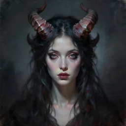 a hauntingly beautiful woman with horns, painted by artgerm and tom bagshaw, fantasy art, dramatic lighting, highly detailed oil painting