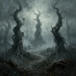 twisted and distorted nightmare landscape in mist painted by zbigniew brzezinski