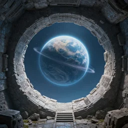 synthwave stargate made of stone that form a circle, portal to another planet, cinematic view, epic sky, highly detailed vaporwave