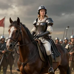 Joan of Arc on a horse commanding an French army, octane render, dramatic lighting, hyperrealistic, high detailed, cinematic, artstation