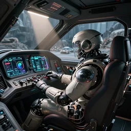 cyborg pilot wired to commands, interior cockpit, dramatic lights, hyperdetailed, by john harris
