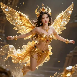 a beautiful female human god of honey character, character is in all its glory, character is centered on the image, character is flying, rim lights, highly detailed professional photo, dynamic lights, particles and crystals are flying, very deep depth of field, trending on artstation, illustration, hyper realistic, vray caustics, super detailed, colorful accents, cinematic shot