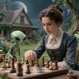 detailed, sharp, a girl playing chess with her pet alien creature, wearing 1850s era clothes, in the garden of a house on an alien planet, extremely highly detailed, hyperrealistic, highly detailed faces, 70 mm still from a period sci fi movie, 4k, HD