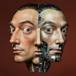 artificial intelligence face assembly in progress, being built piece by piece, big part of face looks exactly like human, another part is mechanical, epic, symmetric face, highly detailed, intricate details, in the style of salvador dali