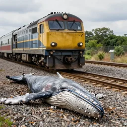 a train stopped in front of a dead whale that's blocking the train tracks, 4k, high quality