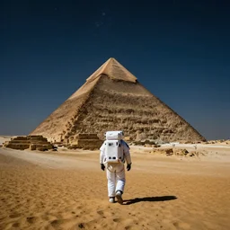 an astronaut walking towards a pyramid in the desert, nighttime, star filled sky, trending on artstation, 8 k, ultra wide angle, zenith view, pincushion lens effect