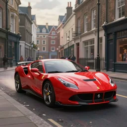 a wholesome animation key shot of one focused ferrari, dynamic, on an ancient london street, wide shot, studio ghibli, pixar and disney animation, sharp, very detailed, high resolution, rendered in unreal engine 5, anime key art by greg rutkowski, overcast lighting, dark