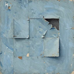 messy gouache impasto collage, faded blue wrecked peeling wall, ruffled mess torn-down construction panels, dark creases, cubby
