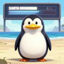 anthropomorphic fat penguin, GTA 5 loading screen, Santa Monica Beach,concept art