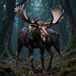 5 5 mm portrait photo of an armored demonic undead rotting moose with antlers, in a magical forest looking at the camera. dark atmosphere. art by greg rutkowski and luis royo. highly detailed 8 k. intricate. lifelike. soft light. nikon d 8 5 0.