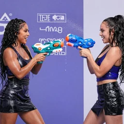 photo of doja cat & trisha paytas having a watergun fight, wet, extremely detailed, dslr, 85mm pentax, f/1.3, award winning