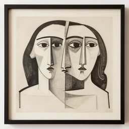 picasso curved lineart portraits, intersecting faces, contemporary, cubism, boho neutral colors, framed