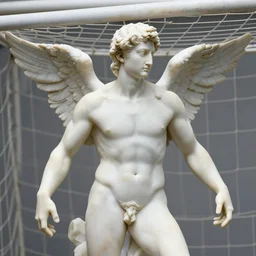 detailed marble statue of a soccer goal keeper with angel wings, miguel angelo