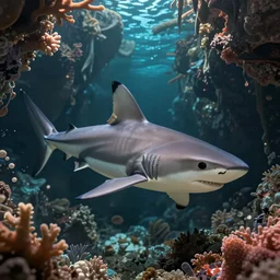 impressive shark, underwater coral cavern, d & d, digital painting, artstation, sharp focus, 8 k, movie lighting, intricate, elegant, artgerm, greg rutkowski