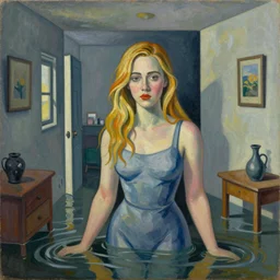 painting of Elle Fanning in a flooded house interior, cubo-futurism