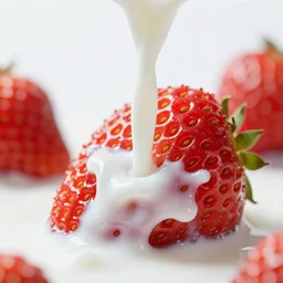 a close up photo of milk pouring over a strawberry, macro, highly detailed, blurred background, studio lighting,