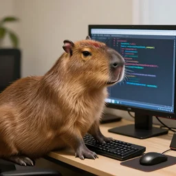 A picture of a capybara programming a computer