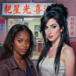 beautiful lifelike painting of flava flav and amy winehouse buying a massage parlour in north korea, hyperreal detailed facial features and uv lighting, art by ed roth and basil wolverton
