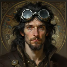 an inventor, goggles on forehead, thin beard, messy black hair, d & d, fantasy, intricate, cinematic lighting, highly detailed, digital painting, artstation, concept art, smooth, sharp focus, illustration, art by artgerm and greg rutkowski and alphonse mucha