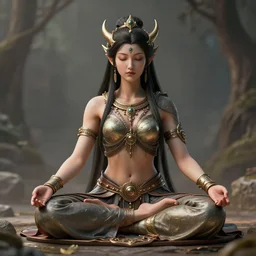 kali goddess magicpunk warrior meditating in a beautiful place, perfect face, fine details, studio lighting, subtle shadows, art by katsuya terada, photorealism, hyper realism, octane render, hyper detailed, canon eos r 3, f / 1. 4, iso 2 0 0, 1 / 1 6 0 s, medium shot, 8 k, raw, unedited, in - frame,