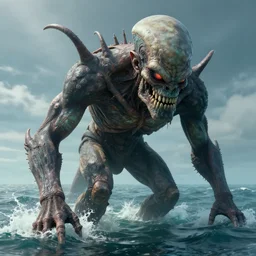 a single highly detailed 4 k matte painting. humanoid giant. cthulu head and torso. climbing out of the sea
