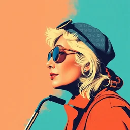 pop art, old traveler, blue, deep peach, profile