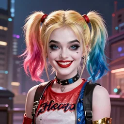 lofi biopunk portrait of harley quinn, detailed city background, Pixar style, by Tristan Eaton Stanley Artgerm and Tom Bagshaw.
