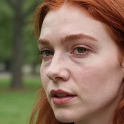 close up photo of the left side of the face of a redhead woman who looks directly at the camera. Slightly open mouth. Whole head visible and covers half of the frame, with a park visible in the background. 135mm nikon. Intricate. Very detailed 8k. Sharp. Cinematic post-processing.