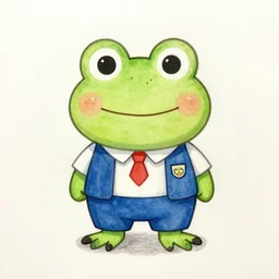 a watercolor and pencil drawing of a frog wearing preppy clothing. in the style of sanrio, cute, clean, concept art